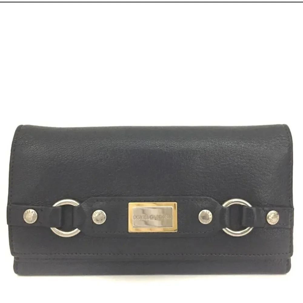 Authentic DOLCE&GABBANA Logo Plate Leather Bifold Long Wallet.
